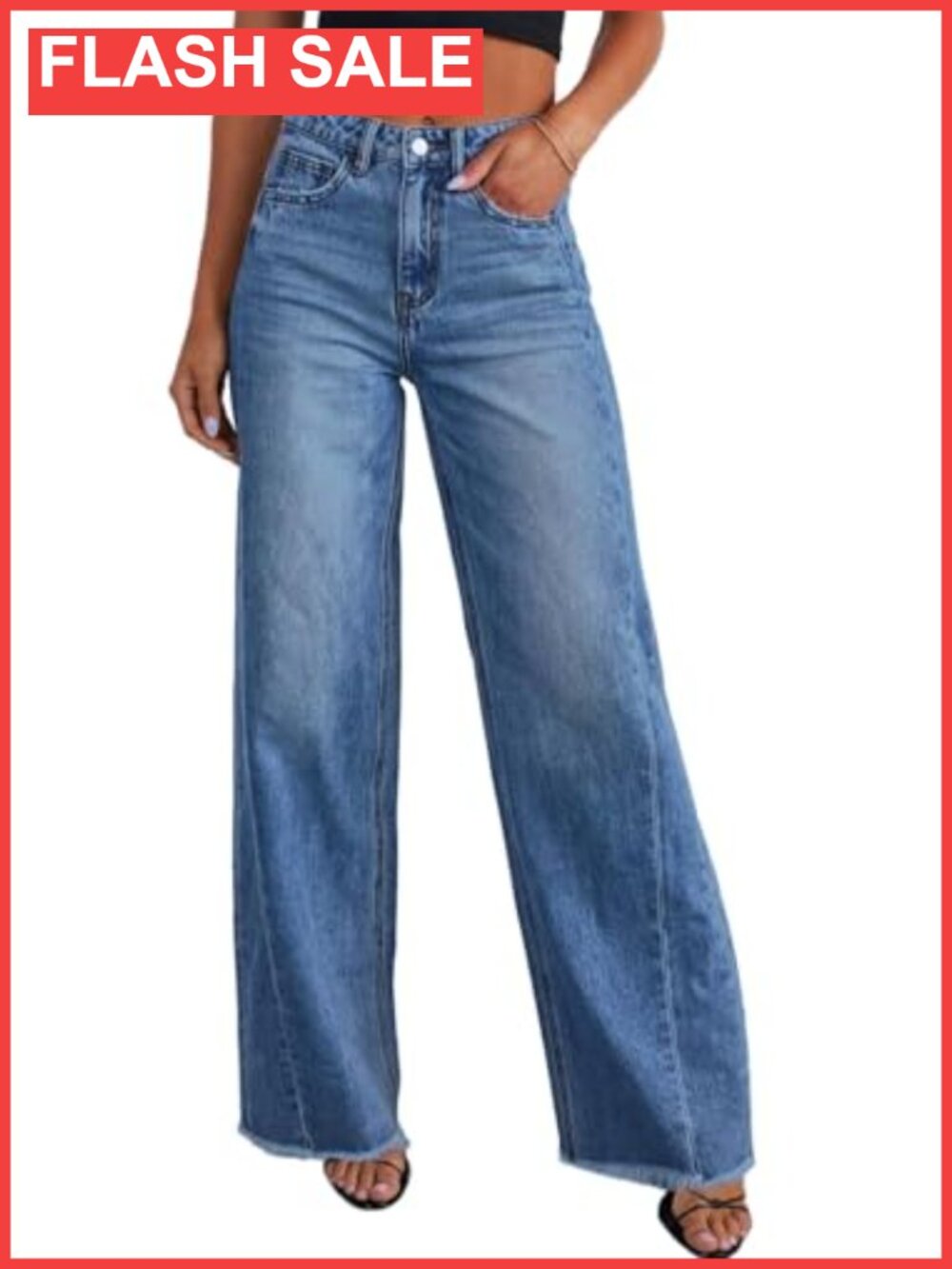 High Waisted Wide Leg Raw Hem Jeans Loose Fit Stretchy Denim Pants